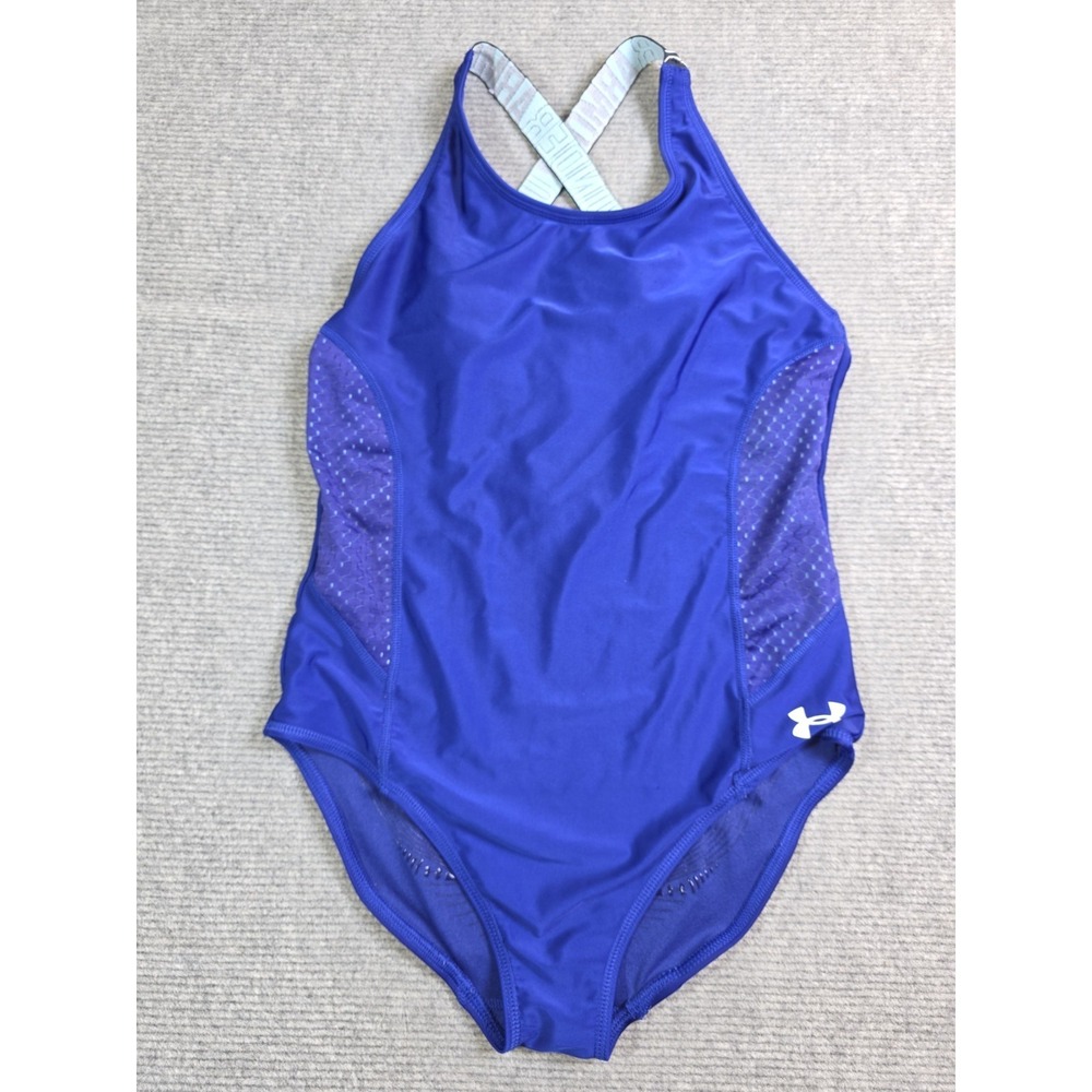 Under Armour one-piece Swimsuit Blue Teal cross-back Logo straps Fitted Size 16